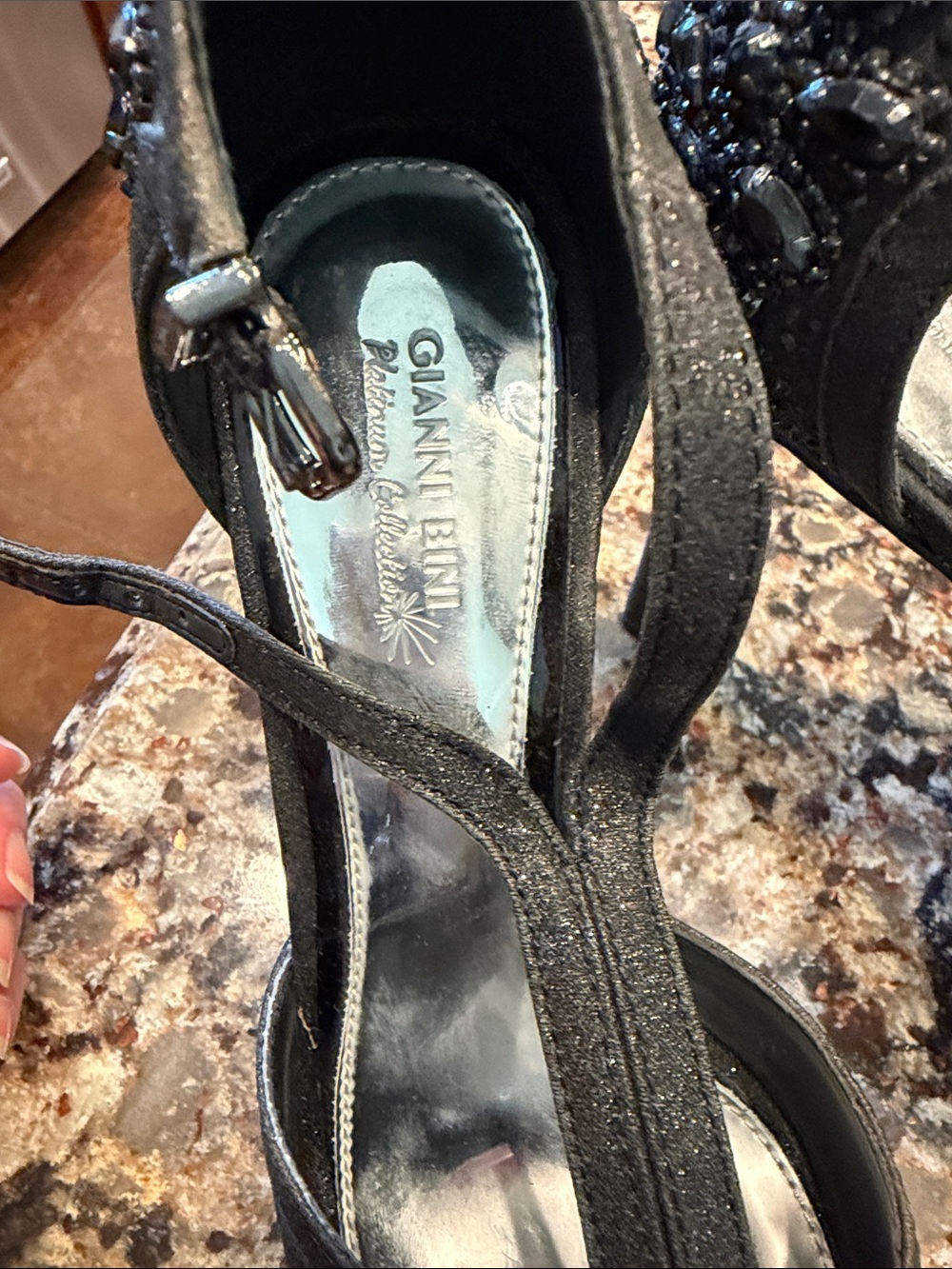 Gianni Bini Black Glitter T-Strap Embellished Heels